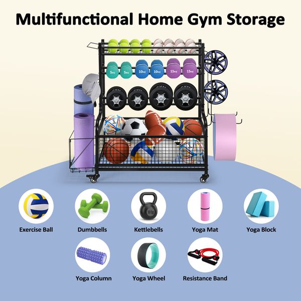 Sports Equipment Ball Storage Rack Cart Garage Organiser for Yoga Mat Dumbbell Kettlebell Home Gym Holder with Hooks Wheels