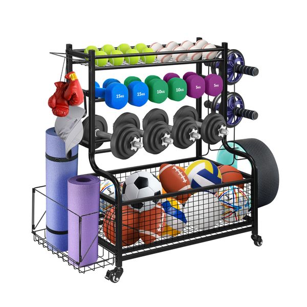 Sports Equipment Ball Storage Rack Cart Garage Organiser for Yoga Mat Dumbbell Kettlebell Home Gym Holder with Hooks Wheels