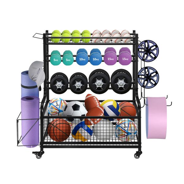 Sports Equipment Ball Storage Rack Cart Garage Organiser for Yoga Mat Dumbbell Kettlebell Home Gym Holder with Hooks Wheels