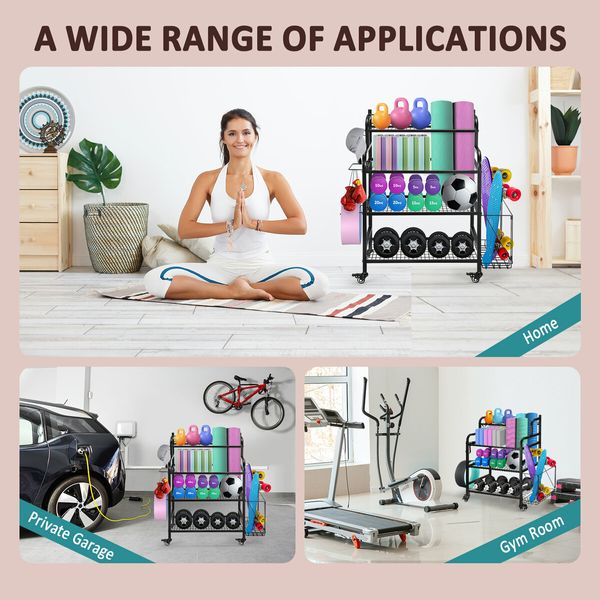 Dumbbell Weight Rack Yoga Mat Ball Storage Kettlebell Shelves Home Gym Sports Gear Garage Equipment Organiser with Wheels