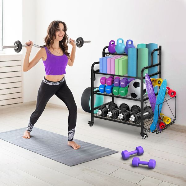 Dumbbell Weight Rack Yoga Mat Ball Storage Kettlebell Shelves Home Gym Sports Gear Garage Equipment Organiser with Wheels