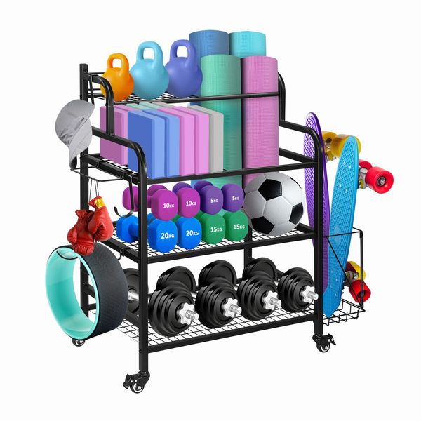 Dumbbell Weight Rack Yoga Mat Ball Storage Kettlebell Shelves Home Gym Sports Gear Garage Equipment Organiser with Wheels