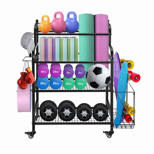 Dumbbell Weight Rack Yoga Mat Ball Storage Kettlebell Shelves Home Gym Sports Gear Garage Equipment Organiser with Wheels