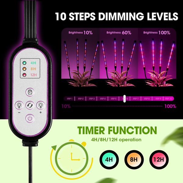 LED Plant Grow Light Full Spectrum Indoor Flower Growing Lamp 4 Heads 80 LEDs Height Adjustable Tripod Stand Auto Timer