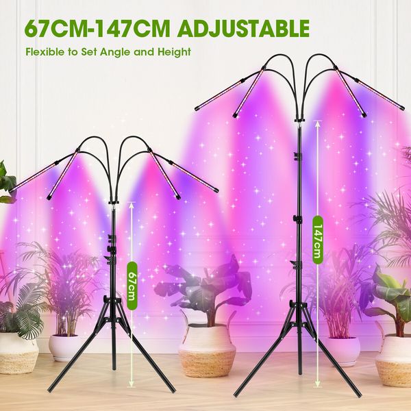 LED Plant Grow Light Full Spectrum Indoor Flower Growing Lamp 4 Heads 80 LEDs Height Adjustable Tripod Stand Auto Timer