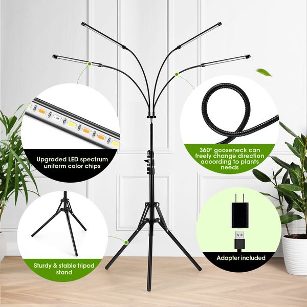 LED Plant Grow Light Full Spectrum Indoor Flower Growing Lamp 4 Heads 80 LEDs Height Adjustable Tripod Stand Auto Timer