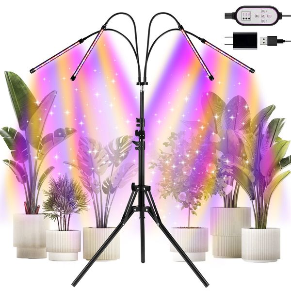 LED Plant Grow Light Full Spectrum Indoor Flower Growing Lamp 4 Heads 80 LEDs Height Adjustable Tripod Stand Auto Timer