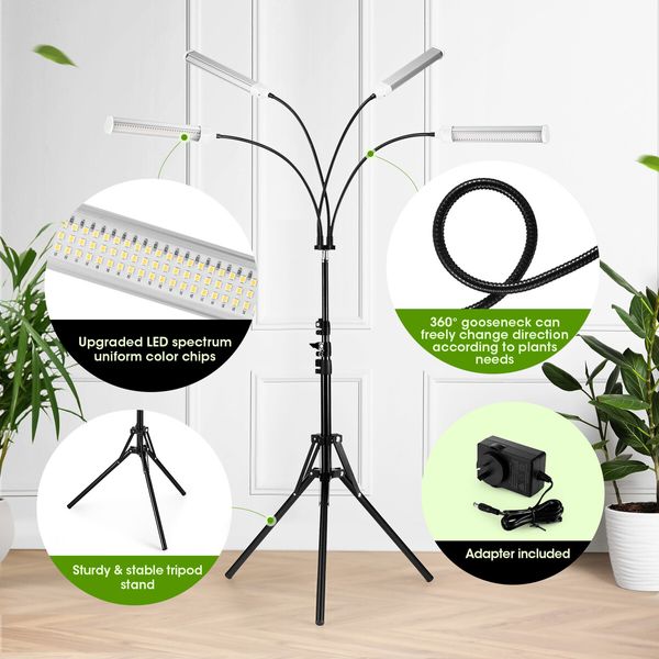 LED Grow Light Indoor Plants Full Spectrum Growing Lamp 420LEDs 200W 4 Heads Auto Timer Adjustable Tripod Stand