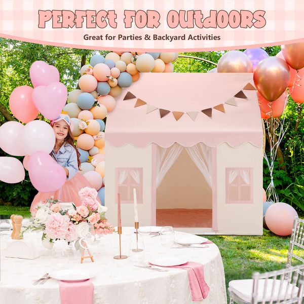 Kids Playhouse Play Tent Childrens Toys Princess Castle Pink Boys Girls Indoor Outdoor Room House with Mat Star Lights Banner 1 Door 3 Windows