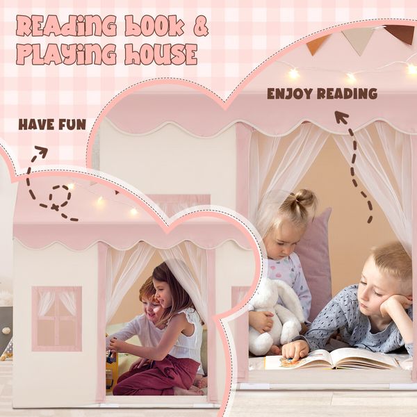 Kids Playhouse Play Tent Childrens Toys Princess Castle Pink Boys Girls Indoor Outdoor Room House with Mat Star Lights Banner 1 Door 3 Windows