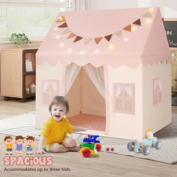Kids Playhouse Play Tent Childrens Toys Princess Castle Pink Boys Girls Indoor Outdoor Room House with Mat Star Lights Banner 1 Door 3 Windows