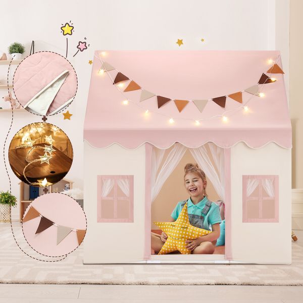 Kids Playhouse Play Tent Childrens Toys Princess Castle Pink Boys Girls Indoor Outdoor Room House with Mat Star Lights Banner 1 Door 3 Windows