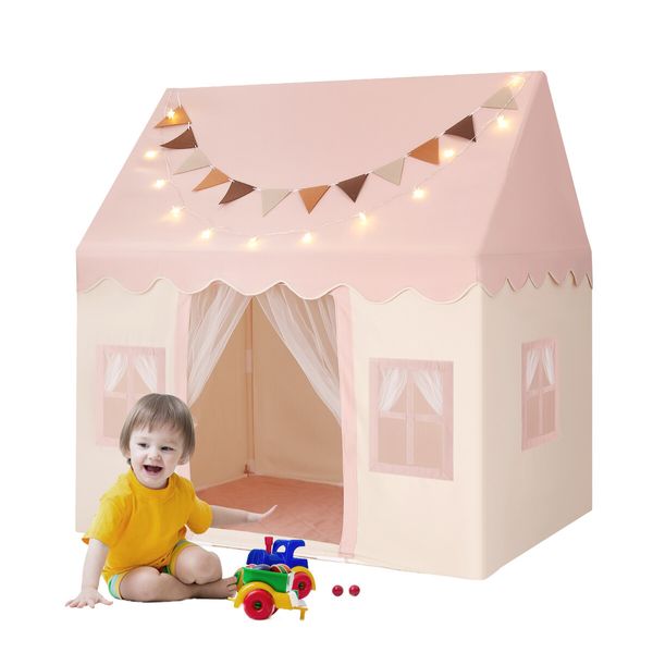 Kids Playhouse Play Tent Childrens Toys Princess Castle Pink Boys Girls Indoor Outdoor Room House with Mat Star Lights Banner 1 Door 3 Windows