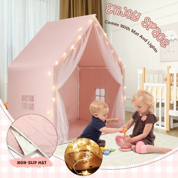 Kids Tent Play House Pink Princess Castle Playhouse with Star Lights Mat for Childrens Room Toys Cottage Indoor Outdoor Games Boys Girls Gift