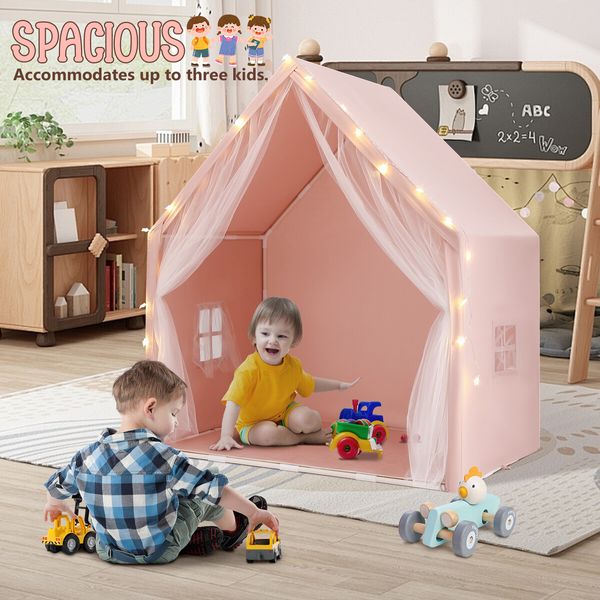 Kids Tent Play House Pink Princess Castle Playhouse with Star Lights Mat for Childrens Room Toys Cottage Indoor Outdoor Games Boys Girls Gift