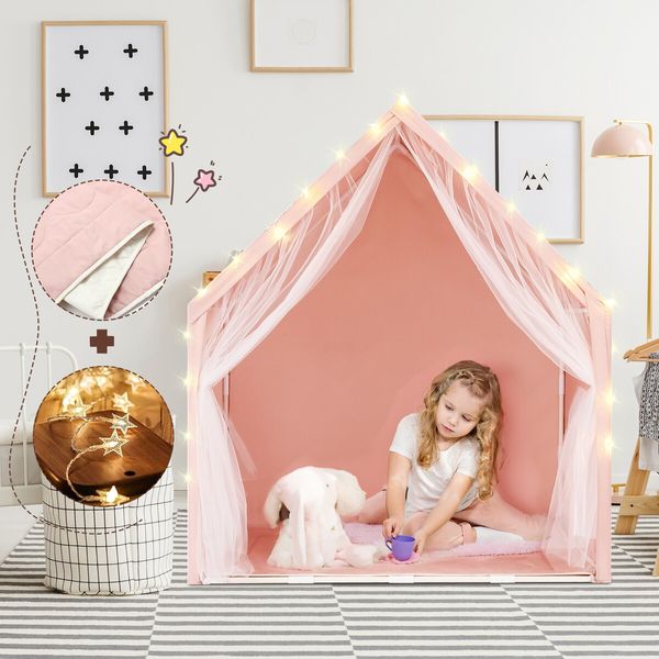 Kids Tent Play House Pink Princess Castle Playhouse with Star Lights Mat for Childrens Room Toys Cottage Indoor Outdoor Games Boys Girls Gift