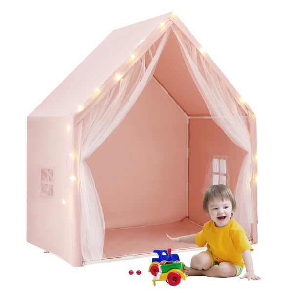 Kids Tent Play House Pink Princess Castle Playhouse with Star Lights Mat for Childrens Room Toys Cottage Indoor Outdoor Games Boys Girls Gift