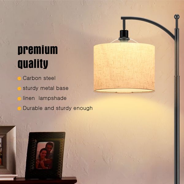 Modern Floor Lamp LED Reading Light Free Standing Minimalist Arc Industrial Adjustable Linen Lampshade Bedroom