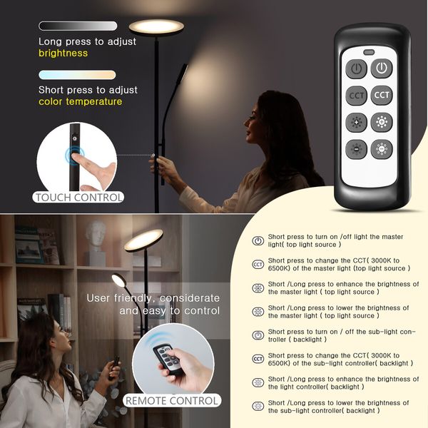 LED Floor Lamp Reading Lights 2 Heads Standing Minimalist Arc Adjustable Touch Remote Control for Bedroom