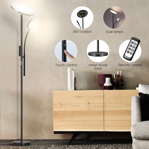 LED Floor Lamp Reading Lights 2 Heads Standing Minimalist Arc Adjustable Touch Remote Control for Bedroom