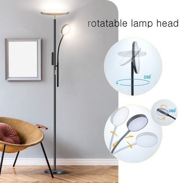 LED Floor Lamp Reading Lights 2 Heads Standing Minimalist Arc Adjustable Touch Remote Control for Bedroom