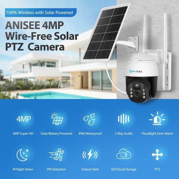 Solar Security Camera Wireless Outdoor CCTV WiFi Home Surveillance System 4MP PTZ Remote 2 Way Audio Color Night Vision