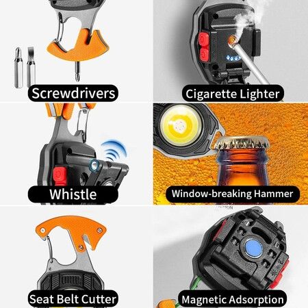 LED Small Flashlight Multitool,Rechargeable Keychain Light,COB Multi-Function Mini Work Light,500 Lumens,7 Lighting Modes with Electric Lighter,Seat Belt Cutter,Screwdriver,Whistle (Orange)