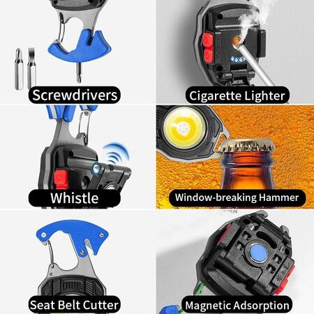 LED Small Flashlight Multitool,Rechargeable Keychain Light,COB Multi-Function Mini Work Light,500 Lumens,7 Lighting Modes with Electric Lighter,Seat Belt Cutter,Screwdriver,Whistle (Blue)