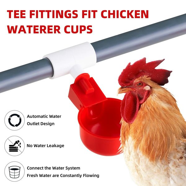 6p Chicken Water Cups with PVC Tee Fittings, Automatic Water Feeder Durable Poultry Waterer for Duck, Quail, Goose, Turkey