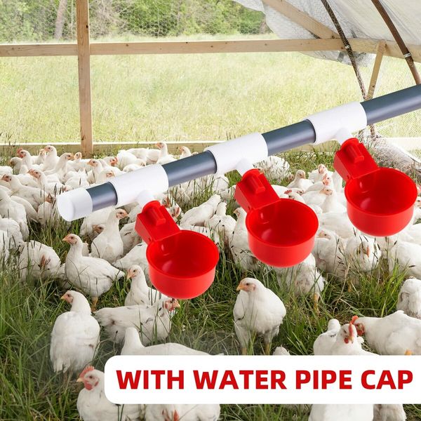 6p Chicken Water Cups with PVC Tee Fittings, Automatic Water Feeder Durable Poultry Waterer for Duck, Quail, Goose, Turkey