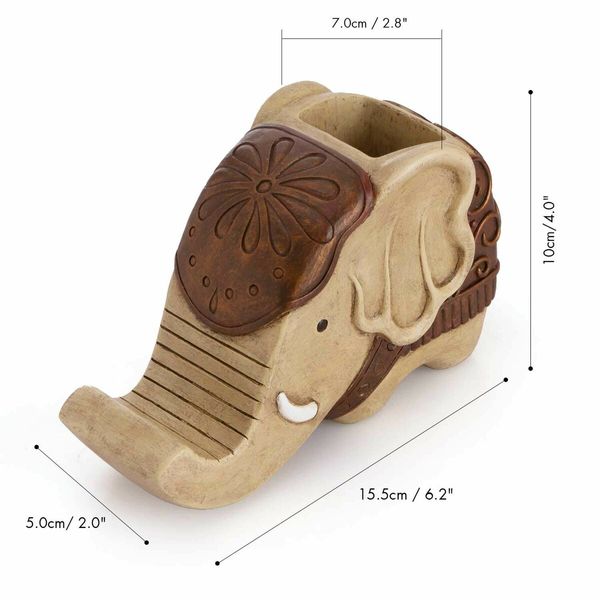 Pen Holder with Phone Stand,Resin elephant Shaped Pen Container Cell Phone Stand Carving Brush Scissor Holder Desk Organizer Decoration(Retro Brown)