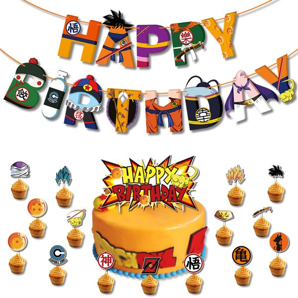 Dragon Ball Birthday Party Supplies Set,Includes Happy Banner Cake And Cupcake Toppers - 24 Latex Balloons for Kids Theme Birthday Party Decoration