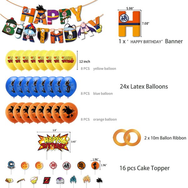 Dragon Ball Birthday Party Supplies Set,Includes Happy Banner Cake And Cupcake Toppers - 24 Latex Balloons for Kids Theme Birthday Party Decoration