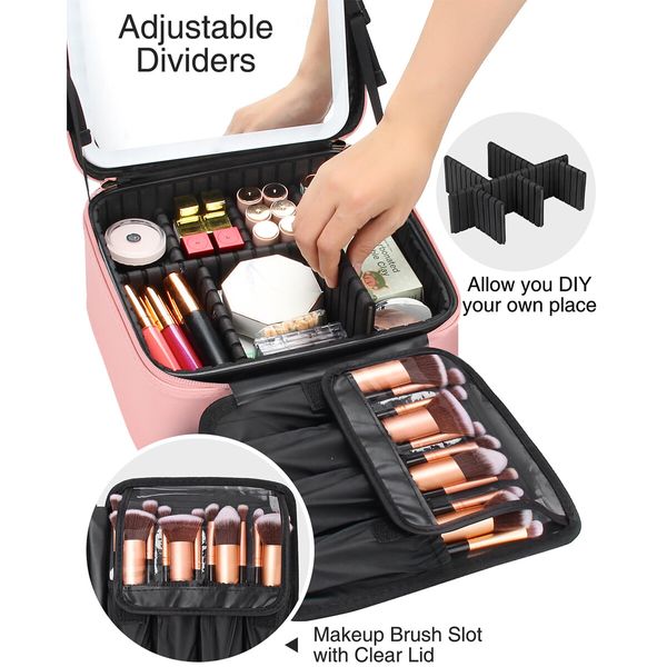 Makeup Bag with Light Up Mirror,Makeup Case Travel Cosmetic Bags Brush Organizer Storage Box,Rechargeable Vanity Mirror with 3 Color Lights,High Frame Mirror Protection (Pink)