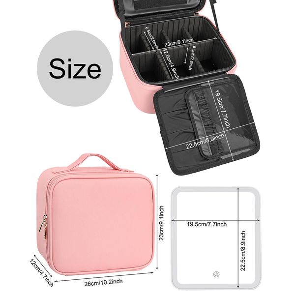 Makeup Bag with Light Up Mirror,Makeup Case Travel Cosmetic Bags Brush Organizer Storage Box,Rechargeable Vanity Mirror with 3 Color Lights,High Frame Mirror Protection (Pink)