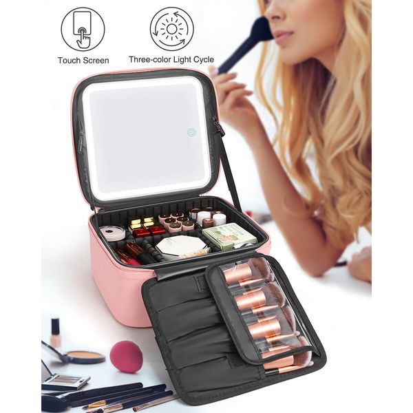 Makeup Bag with Light Up Mirror,Makeup Case Travel Cosmetic Bags Brush Organizer Storage Box,Rechargeable Vanity Mirror with 3 Color Lights,High Frame Mirror Protection (Pink)