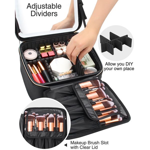 Makeup Bag with Light Up Mirror,Makeup Case Travel Cosmetic Bags Brush Organizer Storage Box,Rechargeable Vanity Mirror with 3 Color Lights,High Frame Mirror Protection (Black)