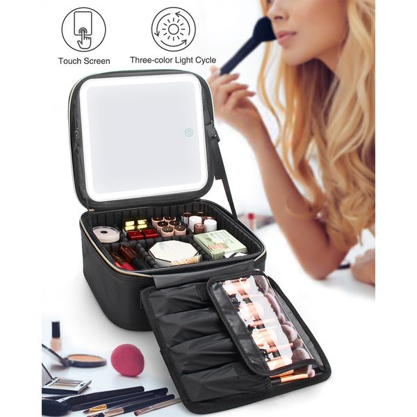 Makeup Bag with Light Up Mirror,Makeup Case Travel Cosmetic Bags Brush Organizer Storage Box,Rechargeable Vanity Mirror with 3 Color Lights,High Frame Mirror Protection (Black)