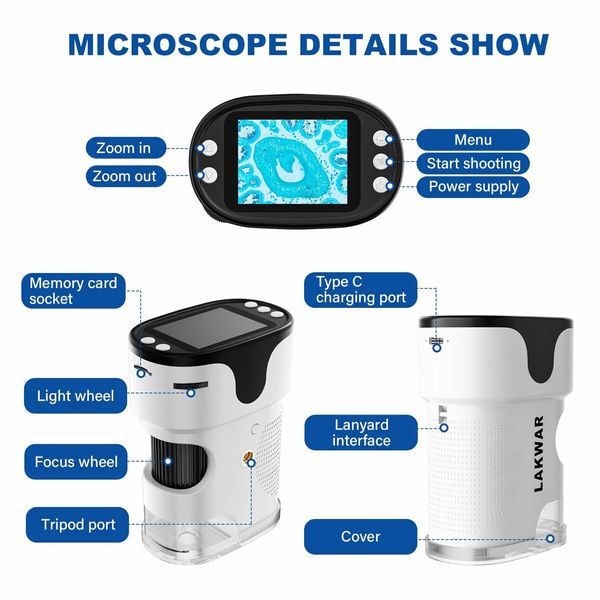 Portable Digital Microscope,200-1000X Pocket Handheld Microscope with Slide Kit,Photo and Video Capture with 2Inch HD Screen and 32G Micro SD Card