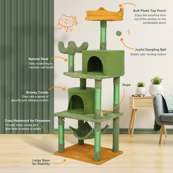 Cat Tree Tower Kitty Scratching Post Sisal Scratcher House Bed Stand Furniture Hammock Cave Condo Activity Centre 158.5 High