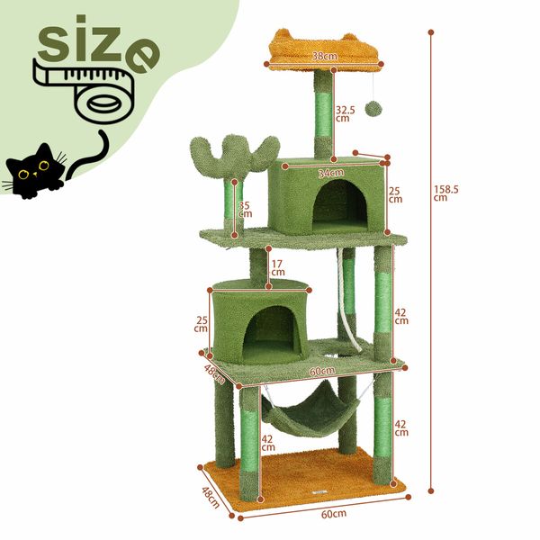 Cat Tree Tower Kitty Scratching Post Sisal Scratcher House Bed Stand Furniture Hammock Cave Condo Activity Centre 158.5 High