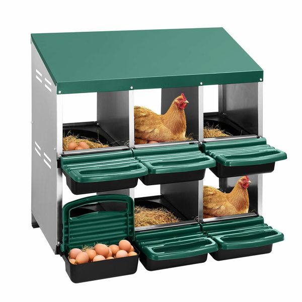 2 Layer 6 Hole Chicken Nesting Box Roll Away Hen Laying Boxes House Chook Nest Coop Perch Roost Poultry Egg Brooder Galvanised Metal Plastic Vents Lid