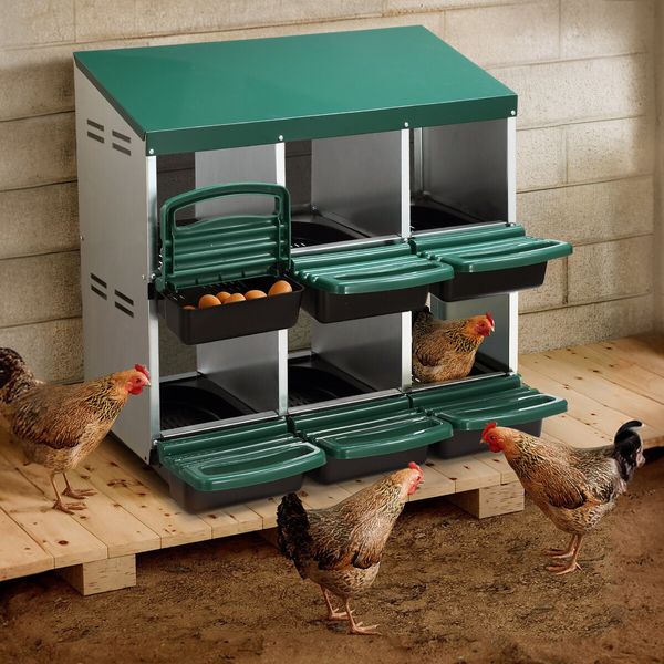 2 Layer 6 Hole Chicken Nesting Box Roll Away Hen Laying Boxes House Chook Nest Coop Perch Roost Poultry Egg Brooder Galvanised Metal Plastic Vents Lid