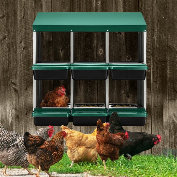 2 Layer 6 Hole Chicken Nesting Box Roll Away Hen Laying Boxes House Chook Nest Coop Perch Roost Poultry Egg Brooder Galvanised Metal Plastic Vents Lid