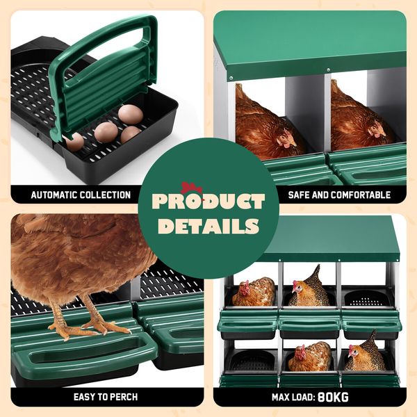 2 Layer 6 Hole Chicken Nesting Box Roll Away Hen Laying Boxes House Chook Nest Coop Perch Roost Poultry Egg Brooder Galvanised Metal Plastic Vents Lid