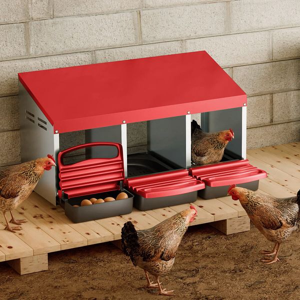 3 Hole Chicken Nesting Box Roll Away Hen Chook Laying Nest Boxes House Coop Roost Perch Poultry Egg Brooder Galvanised Steel Plastic Lid Vents