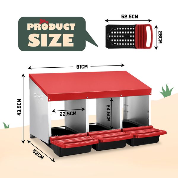 3 Hole Chicken Nesting Box Roll Away Hen Chook Laying Nest Boxes House Coop Roost Perch Poultry Egg Brooder Galvanised Steel Plastic Lid Vents