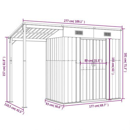 Garden Shed with Extended Roof Light Grey 277x110.5x181 cm Steel