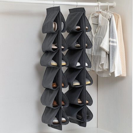 Hanging Shoe Organizer,Shoe Storage Bag Non-Woven Hanging Closet Organizers,12 Compartment Dustproof Storage Convenient Shoe Rack(Grey)