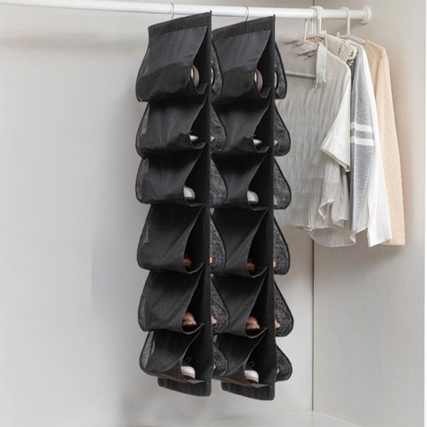 Hanging Shoe Organizer,Shoe Storage Bag Non-Woven Hanging Closet Organizers,12 Compartment Dustproof Storage Convenient Shoe Rack(Black)